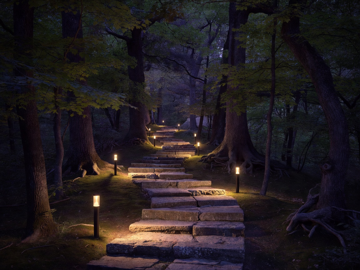 Landscape low voltage path lights illuminating stone steps and trees
