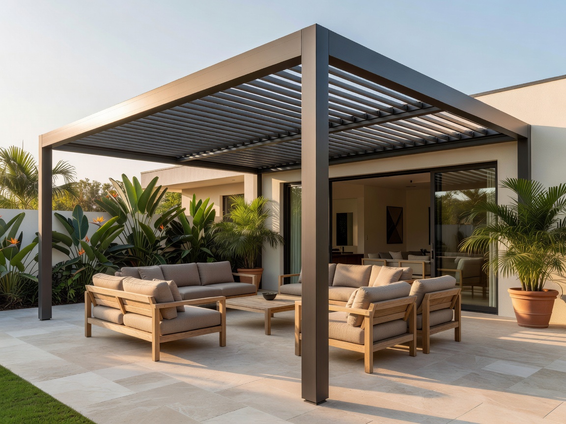 Motorized louvered pergola canopy on luxury patio