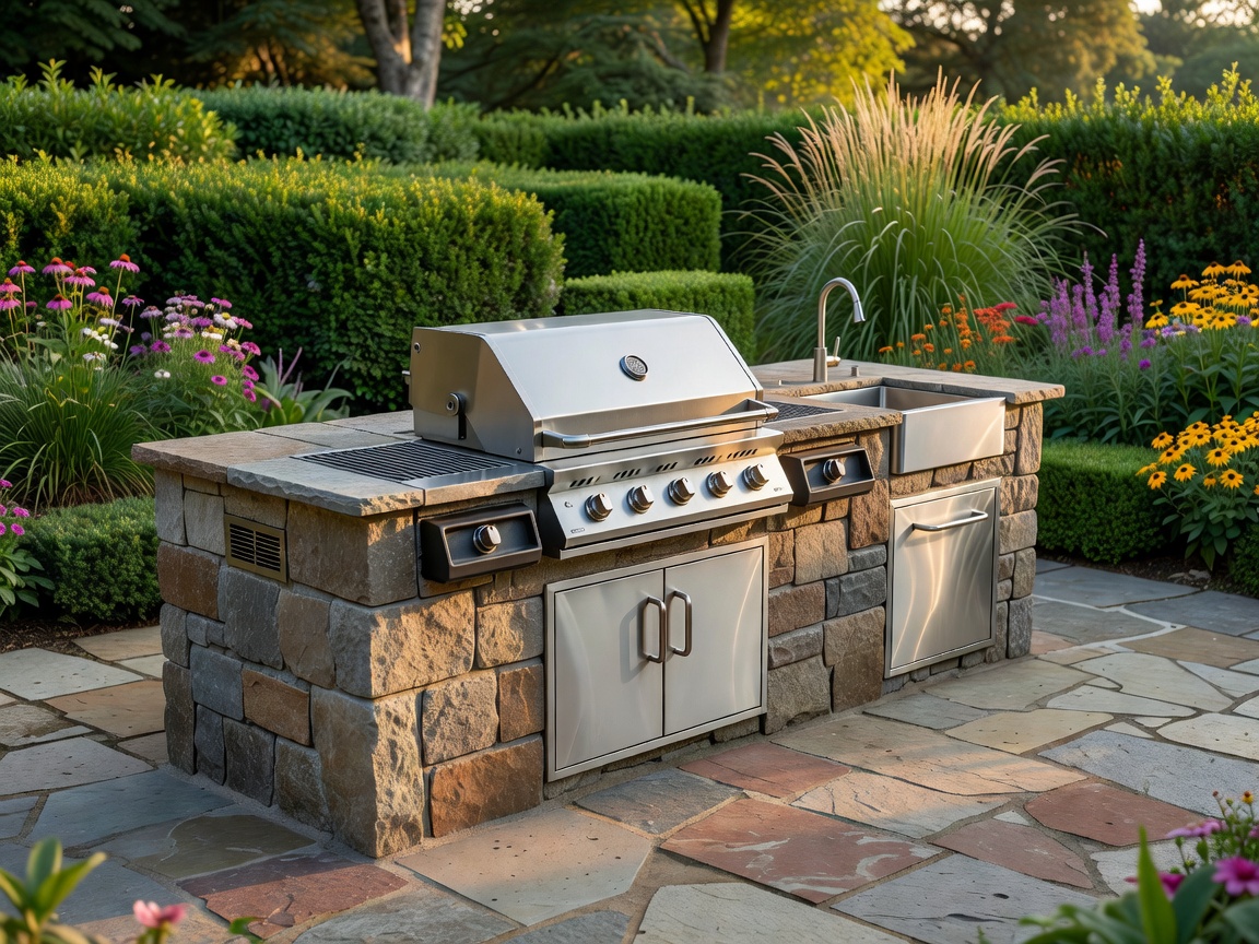 Gourmet stainless outdoor kitchen with granite worktop