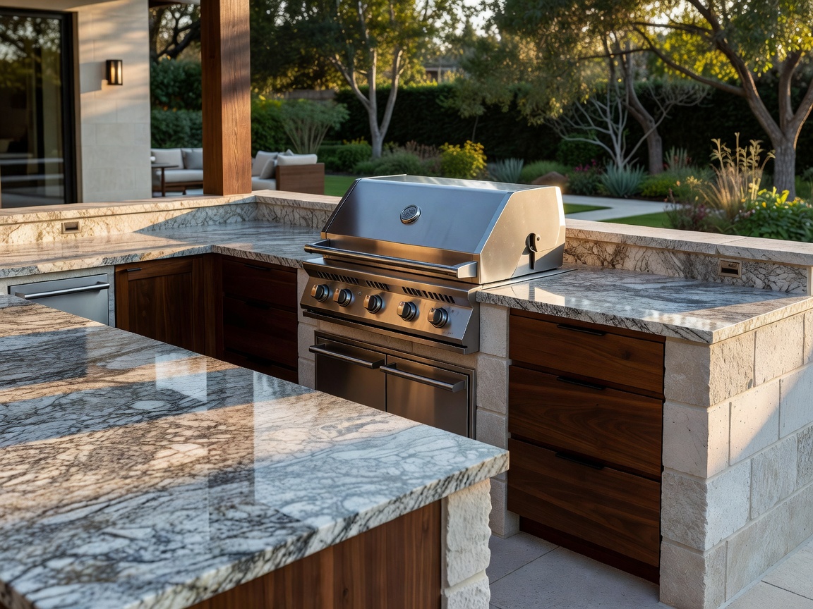 Outdoor kitchen with built-in gas grill and granite counters