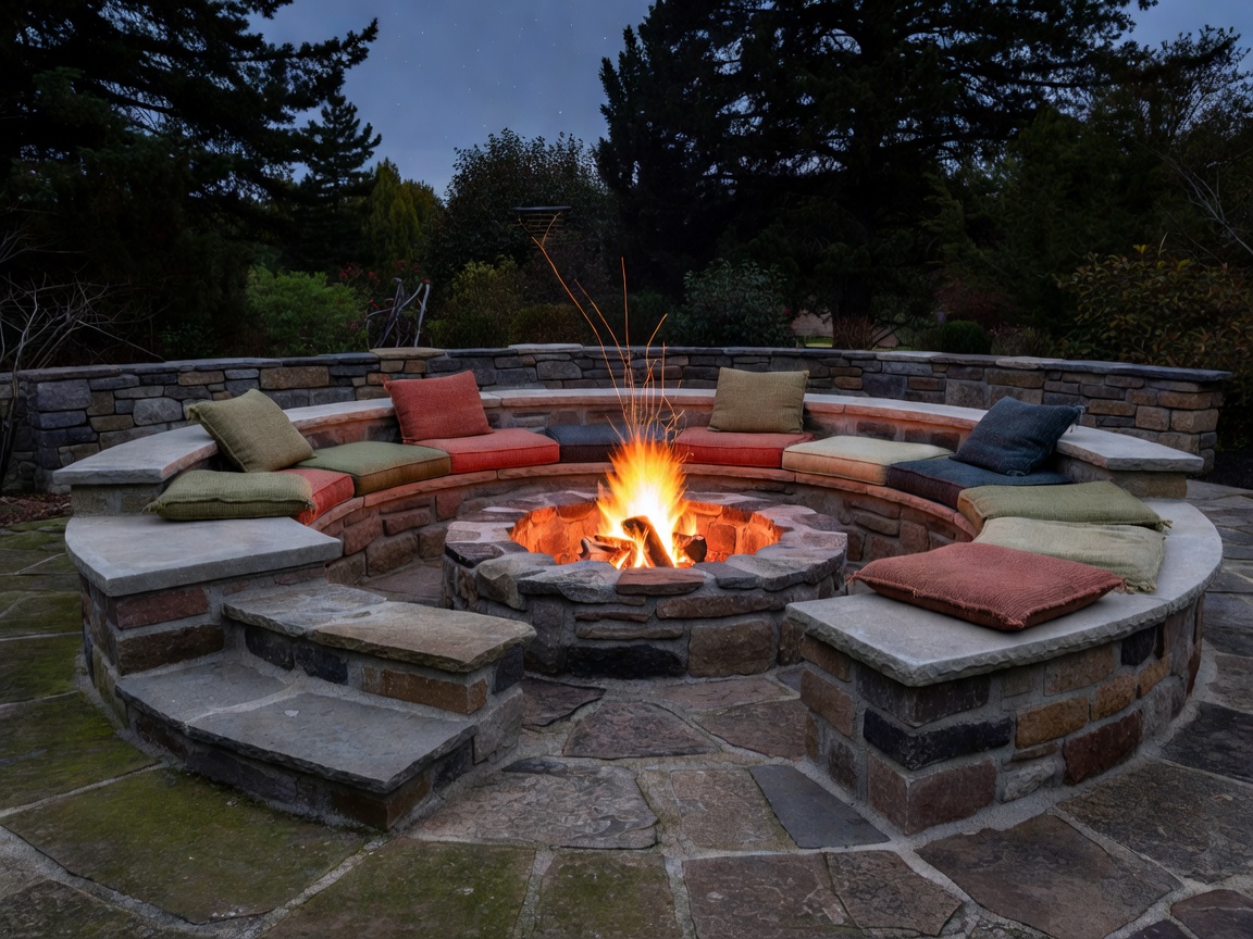 Sunken fire pit lounge with built-in masonry benches