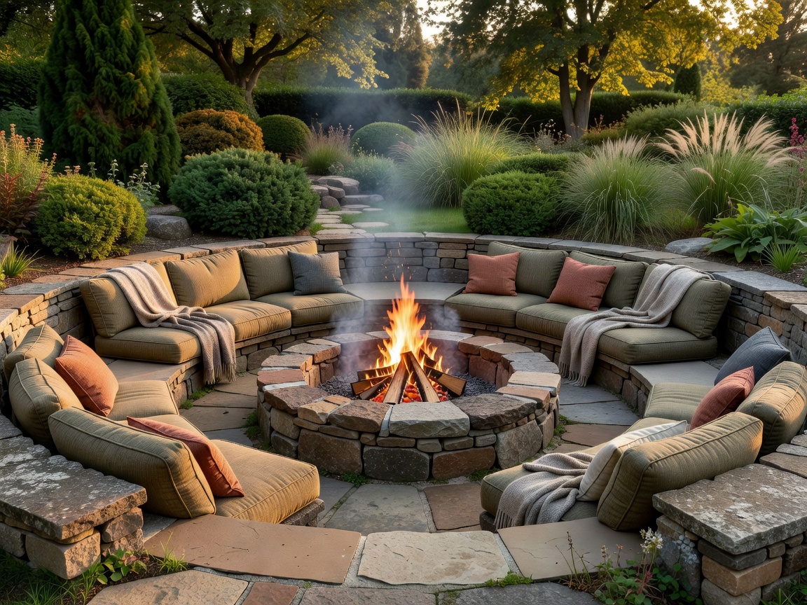 Circular sunken fire pit area with stone bench seating